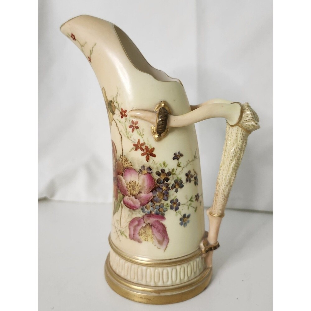 Royal Worcester Pitcher Antler or Stag Horn Handle 6 1/8" Tall 1116, Gold, Ivory